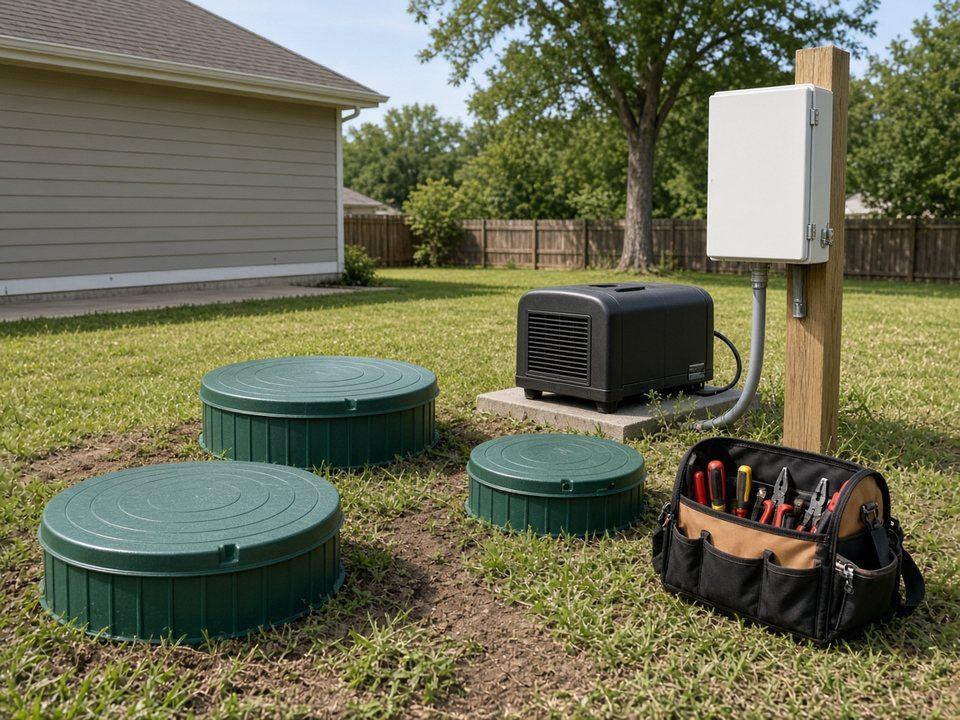 Residential aerobic septic treatment unit with green risers, air compressor, and control box