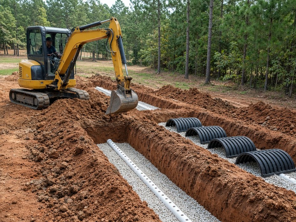Mini excavator installing septic drain field leaching chambers in East Texas soil