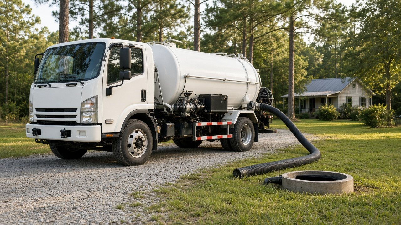 Residential septic vacuum pump truck servicing a concrete septic tank riser in Greater Texarkana