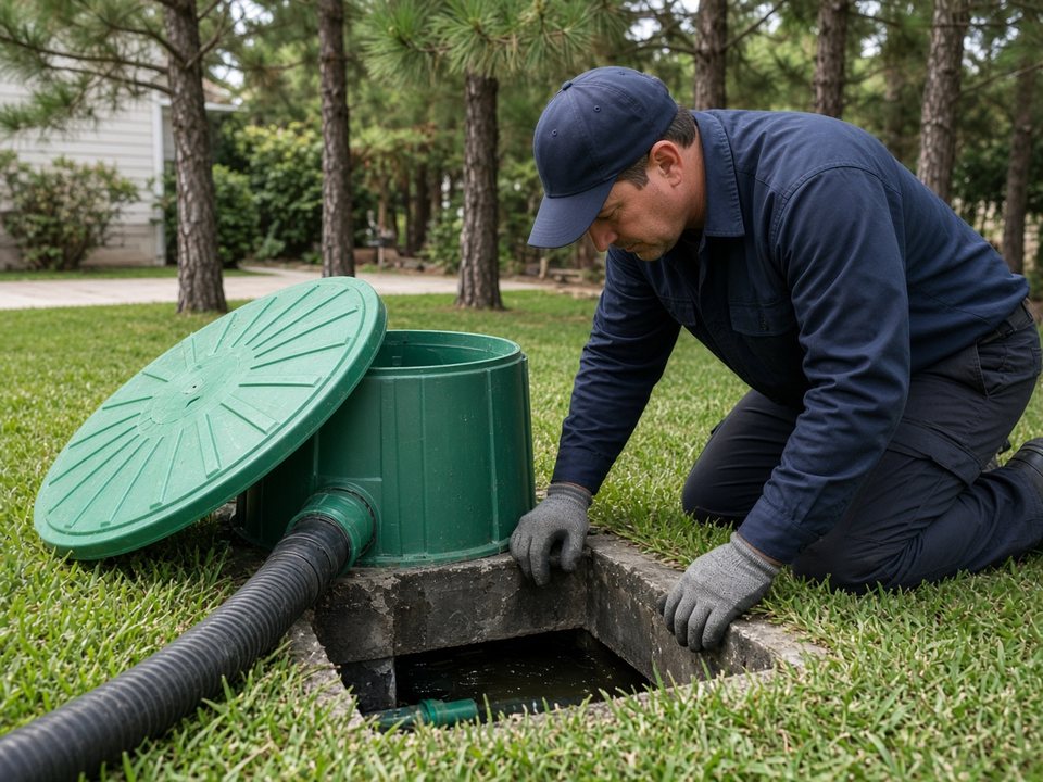 Septic technician inspecting a green septic tank riser and baffle in Texarkana